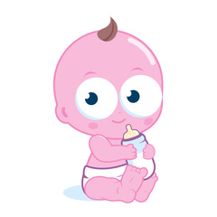 Cute baby with milk bottle. Vector illustration
