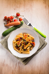 pasta with beans carrot zucchinis and fresh tomatoes