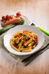 pasta with beans carrot zucchinis and fresh tomatoes