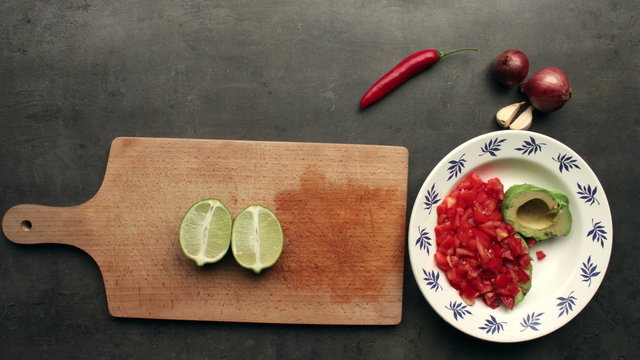 Guacamole with tortilla chips recipe preparation - stop motion animation and timelapse eating