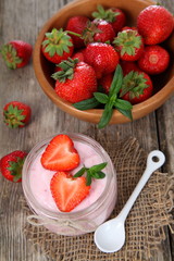 Strawberry yogurt and ripe strawberry