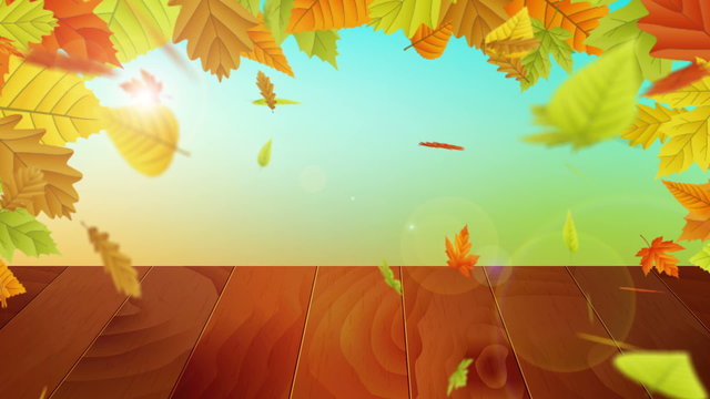 autumn background with falling colored leafs and wooden board. full hd animation
