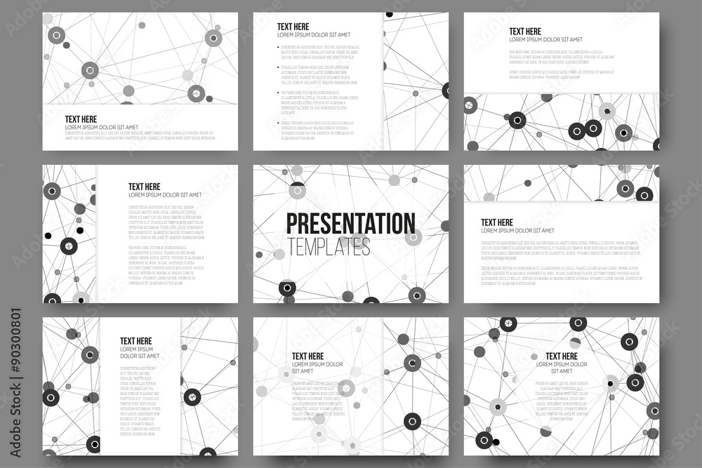 Poster set of 9 vector templates for presentation slides. molecule