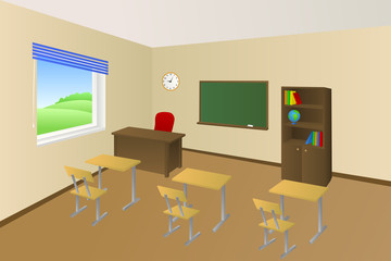 School classroom beige education table chair cabinet window illustration vector