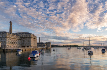 Sunset over Plymouth in UK.