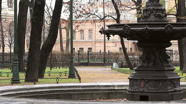 Fountain at the Rumyantsev garden at the Vasilievsky Island in autumn, St. Petersburg, Russia
