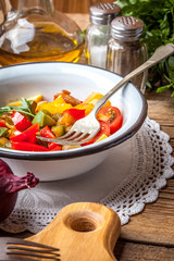 Ratatouille on a rustic table.