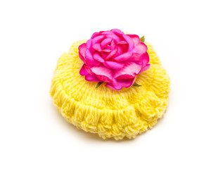 Yellow Wool hat with Pink Rose
