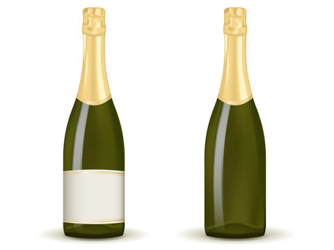 Bottle of champagne with and without label.