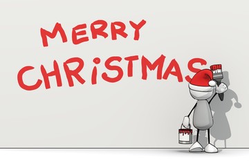 little sketchy man with santa hat painting merry christmas on a wall