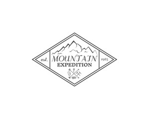Summer mountain camp badge, logo, label and icon template. Travel, hiking, climbing style. Outdoor emblem. Best for adventure sites, company etc. On white background. Vector