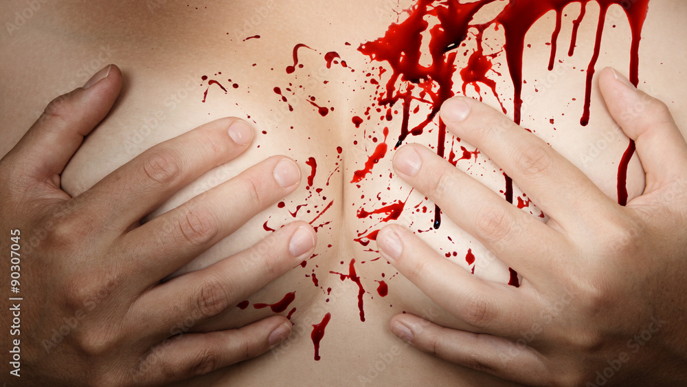 Wall mural Hands covering breasts - Blood