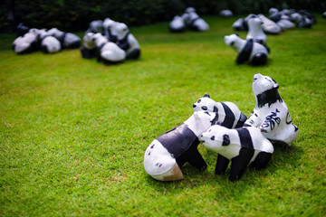Panda dolls on green field (selective focus, shallow depth of field)