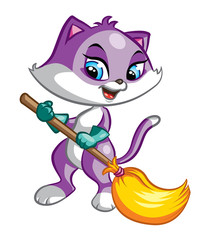 Illustration of cute purple cat cleaning with broom