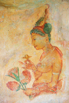 Exterior of the ancient paintings at Sigiriya rock in Sigiriya, Sri Lanka. Sigiriya is a UNESCO World Heritage Site.