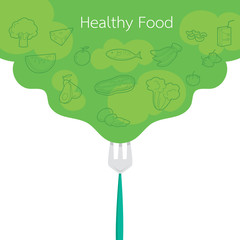 Clean food outline icons on green background concept, healthy, organic, nutrition, medicine, mental and physical health