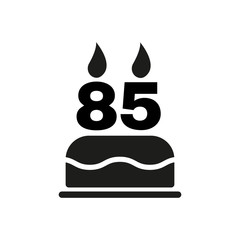 The birthday cake with candles in the form of number 85 icon. Birthday symbol. Flat