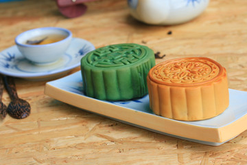 Festival moon cake and hot tea - Chinese cake