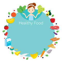 Fototapeta premium Cute girl and useful food objects icons on round frame, healthy, organic, nutrition, medicine, mental and physical health, category