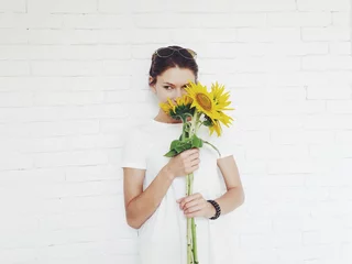 Foto op Plexiglas beautiful girl with sunflowers  © Dayzi