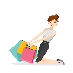 Woman holding shopping bags, siting on floor, goods, food, beverage, beauty, lifestyle