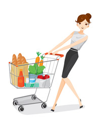 Woman pushing shopping cart, goods, food, beverage, beauty, lifestyle