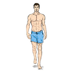 Vector Single Sketch Illustration -  Fashion Male Model in Shorts