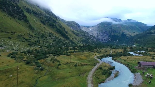 Aerial view of the Rhone near Gletsch, just below the Rhone glacier and Furka pass in Switzerland