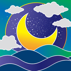 Moon, clouds and stars. Vector illustration.