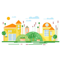 Green landscape with city trees the road flowers, beautiful