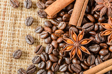 coffee beans and cinnamon sticks