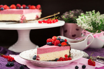 Portion of delicious raspberry cheesecake