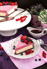 Portion of delicious raspberry cheesecake