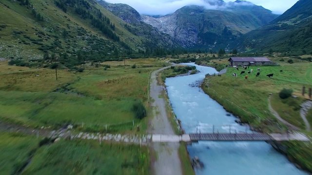 Aerial view of the Rhone near Gletsch, just below the Rhone glacier and Furka pass in Switzerland