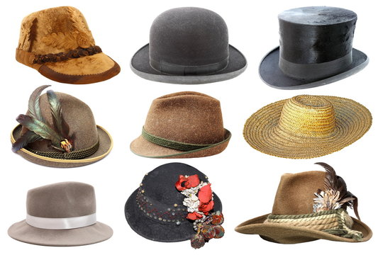 collage with different hats over white