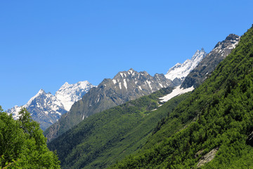 Fototapeta premium Caucasus Mountains Under Snow And Clear Blue Sky