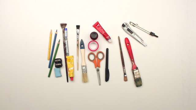 Art title made from artistic tools - stop motion animation