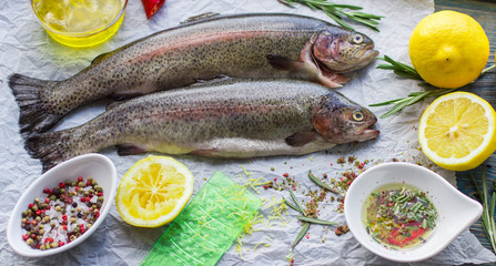 Two fresh rainbow trout with lemon, rosemary and spices