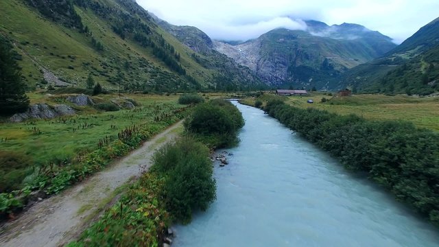 Aerial view of the Rhone near Gletsch, just below the Rhone glacier and Furka pass in Switzerland