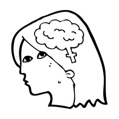 cartoon female head with brain symbol