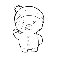 cartoon waving teddy bear in winter hat