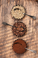 Various types coffee. Green raw coffee, ground coffee, roasted coffee beans