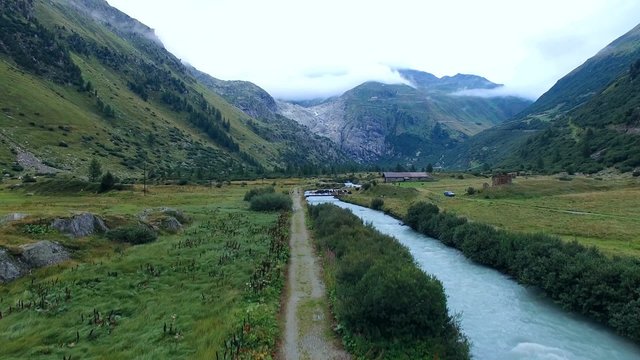 Aerial view of the Rhone near Gletsch, just below the Rhone glacier and Furka pass in Switzerland