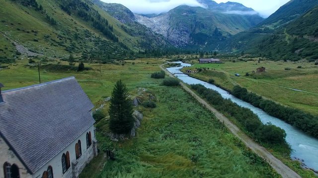 Aerial view of the Rhone near Gletsch, just below the Rhone glacier and Furka pass in Switzerland