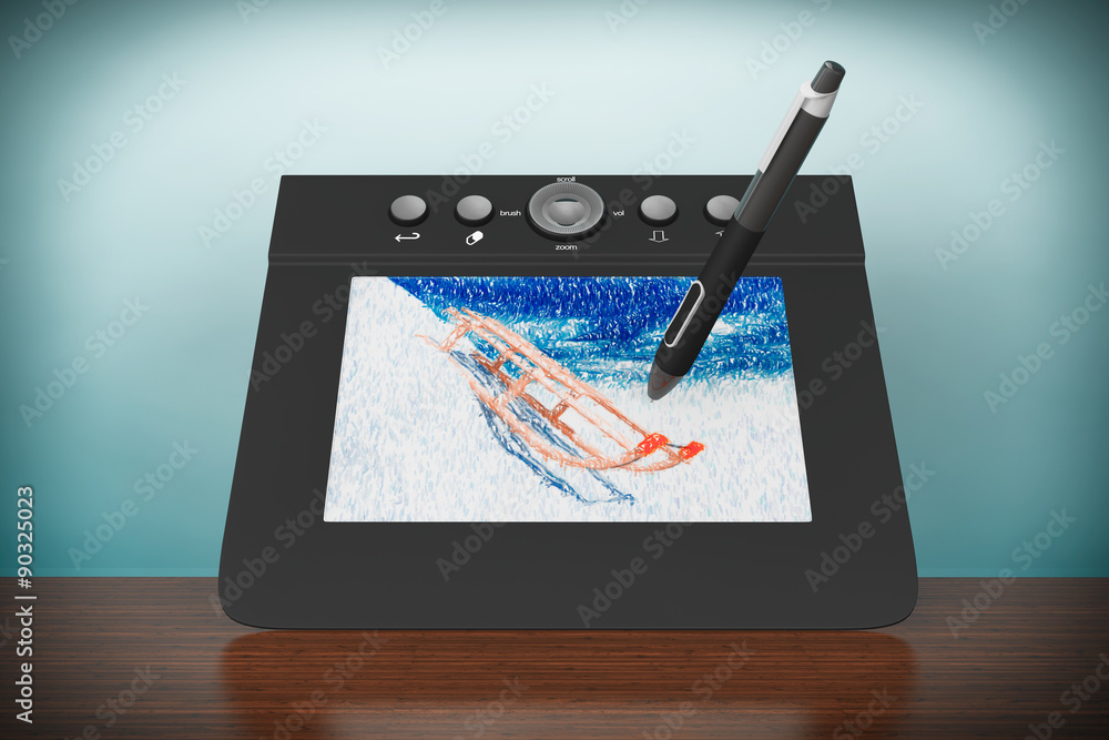 Poster Old Style Photo. Digital Graphic Tablet with Pen and Sledges dra