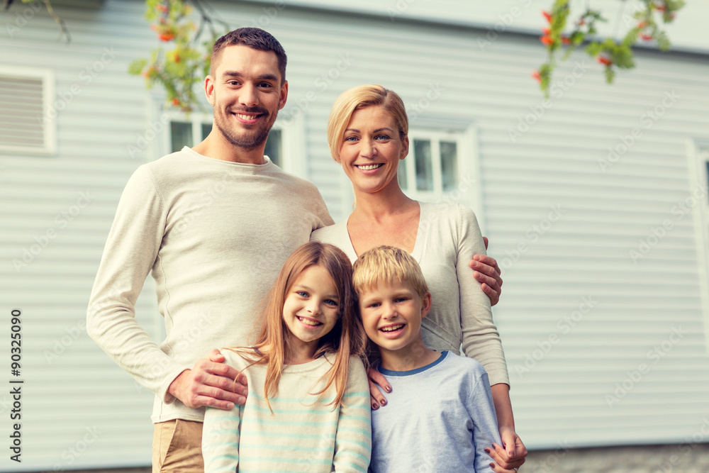 Poster happy family in front of house outdoors