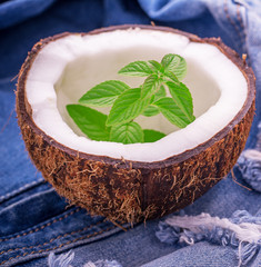 Sprig of fresh garden mint in a coconut shell on jeans background.