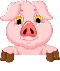 pig cartoon with blank board 