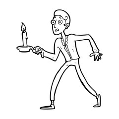 cartoon frightened man walking with candlestick