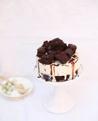 Vanilla Ice Cream Cake with Brownies and Chocolate Fudge Sauce